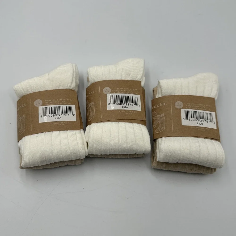 NWT Goumi Kids Crew Socks Organic Cotton Size L 6-8 Y Lot of 6 Pairs Beige Ivory